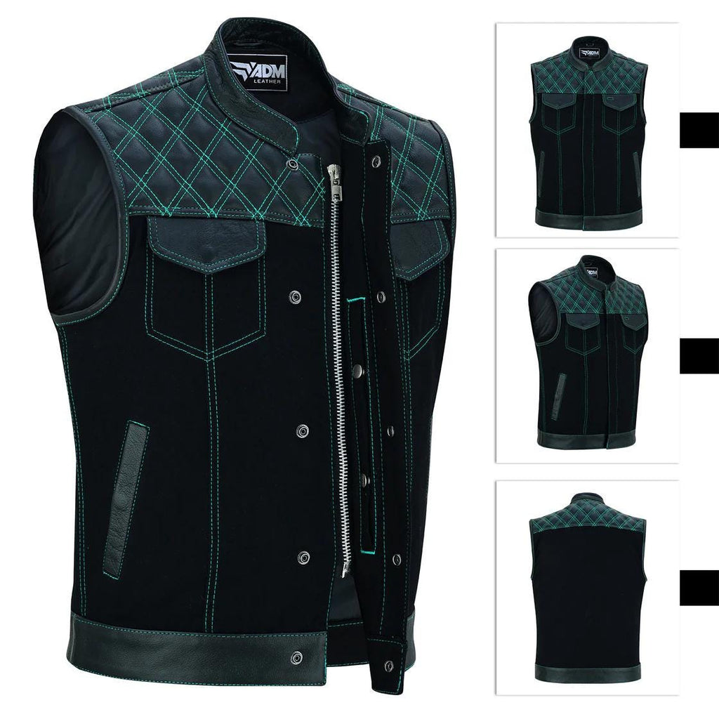 Denim Leather Vest Men Diamond Quilted Shoulders Concealed Carry Fitted Biker Trucker Sleeveless