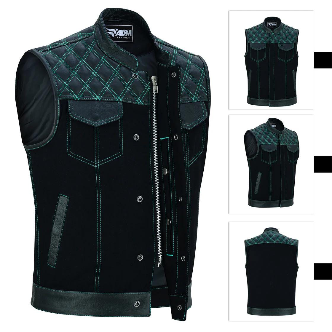 Denim Leather Vest Men Diamond Quilted Shoulders Concealed Carry Fitted Biker Trucker Sleeveless