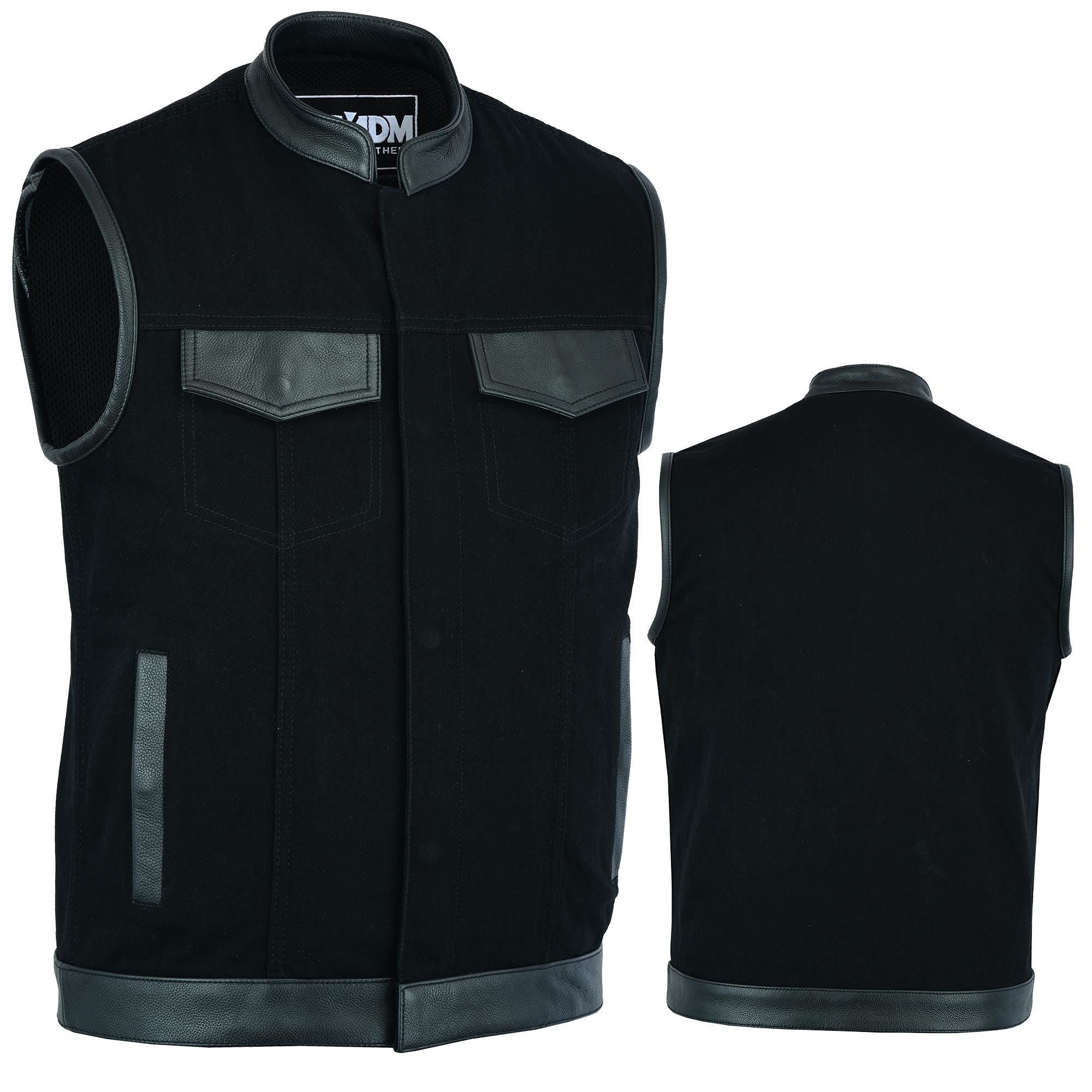 Mens Denim Leather Motorcycle Vest Concealed Carry Pockets YKK Zipper Club Style Biker Sleeveless