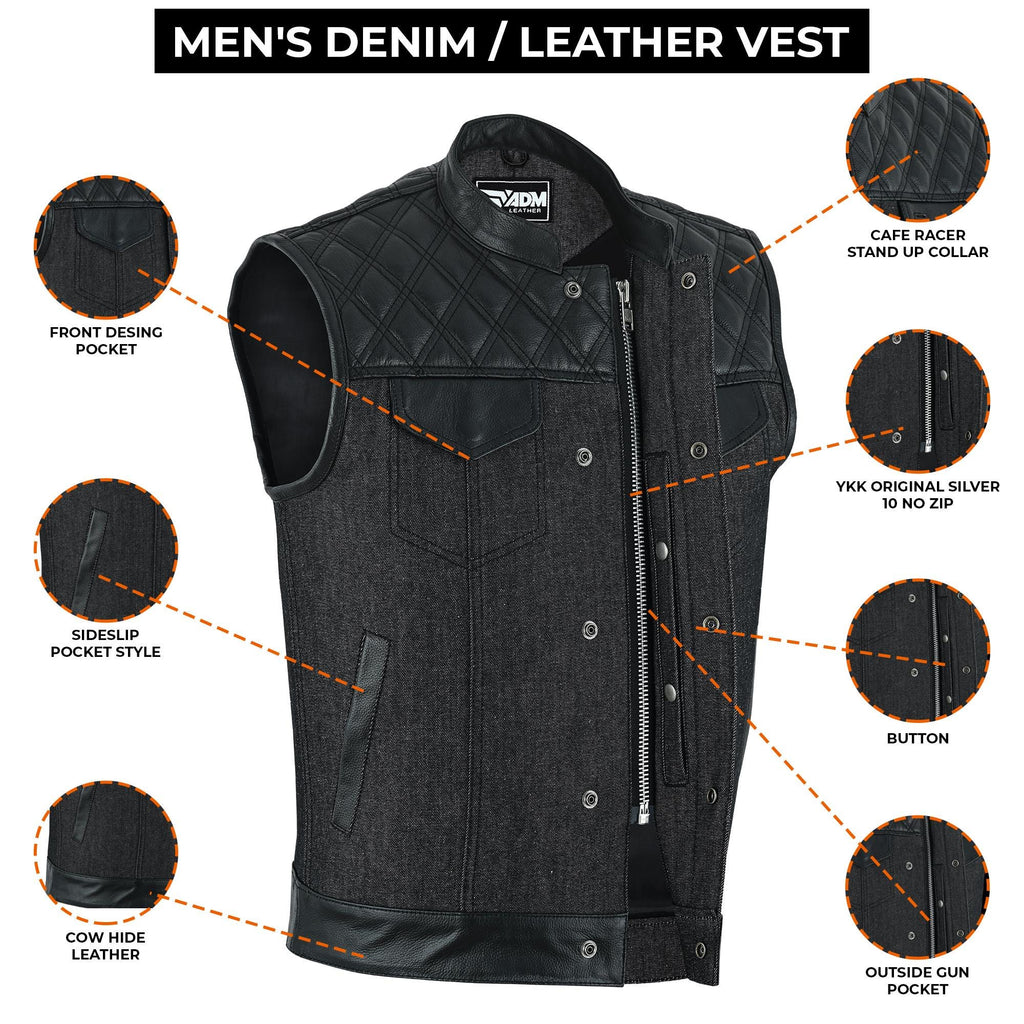 Mens Denim Biker Vest Club Style Motorcycle Concealed Carry Pockets Sleeveless Riding Jacket