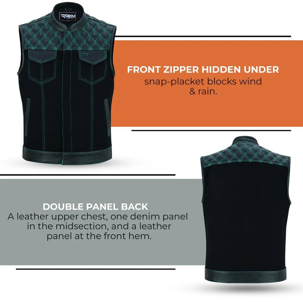 Denim Leather Vest Men Diamond Quilted Shoulders Concealed Carry Fitted Biker Trucker Sleeveless