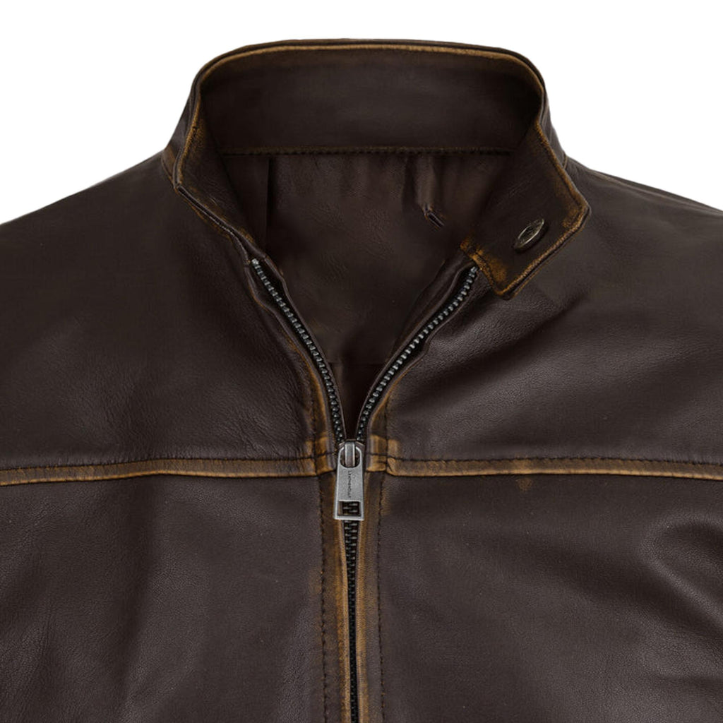 Men's Distressed Brown Leather Jacket Cafe Racer Moto Jacket Casual Coat Vintage Look Outerwear