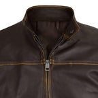 Men's Distressed Brown Leather Jacket Cafe Racer Moto Jacket Casual Coat Vintage Look Outerwear