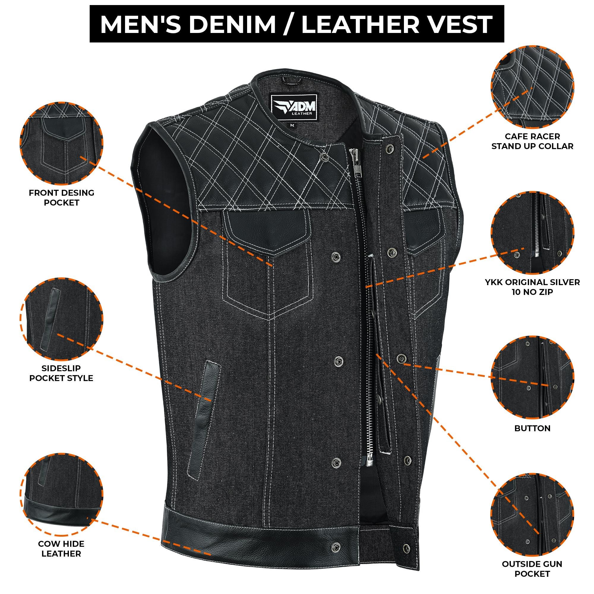 Mens Denim Biker Vest Sleeveless Motorcycle Club Concealed Pockets Trucker Style Fitted Cutoff