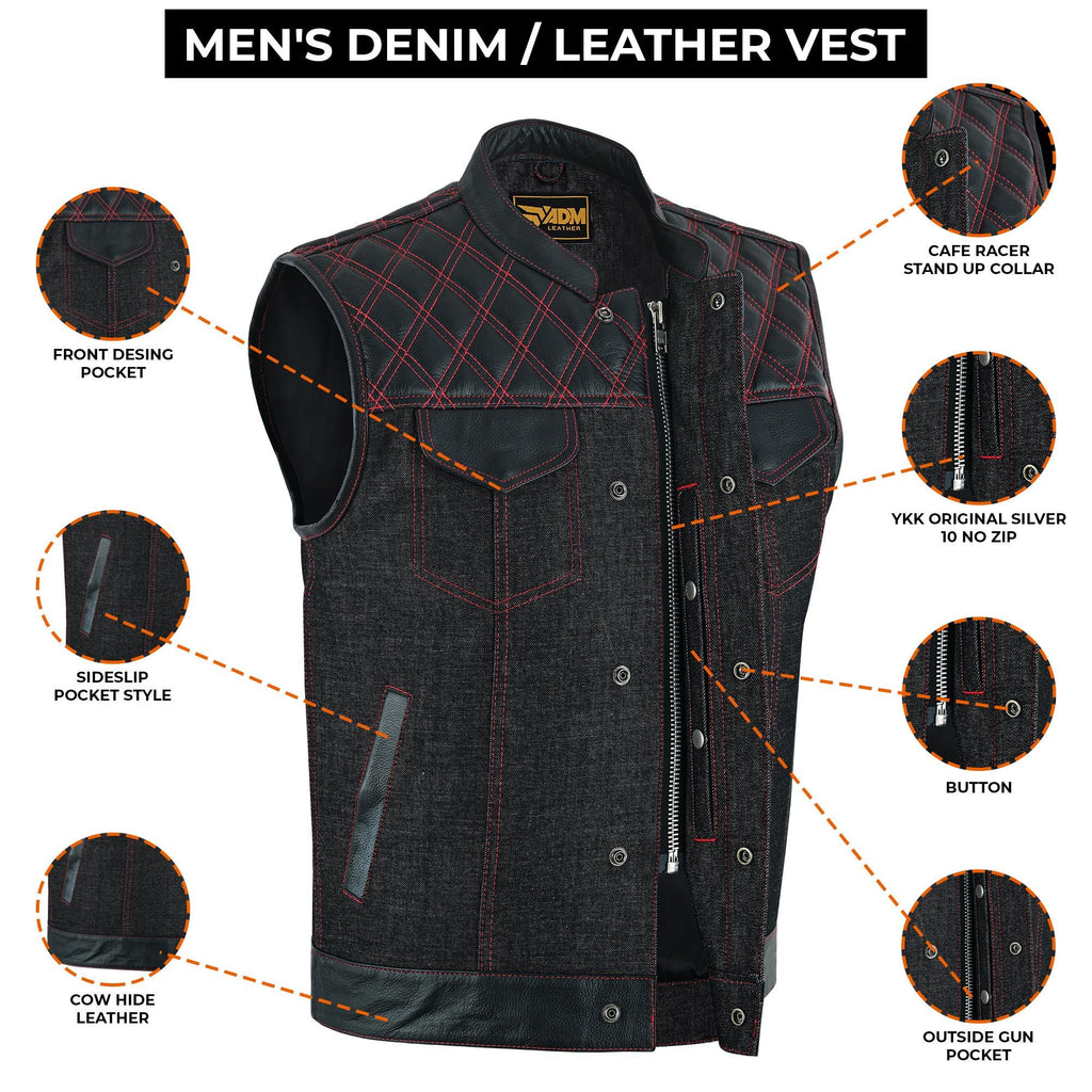 Black Denim Vest Men Biker Leather Trim Red Stitching Motorcycle Sleeveless Fitted Trucker Top