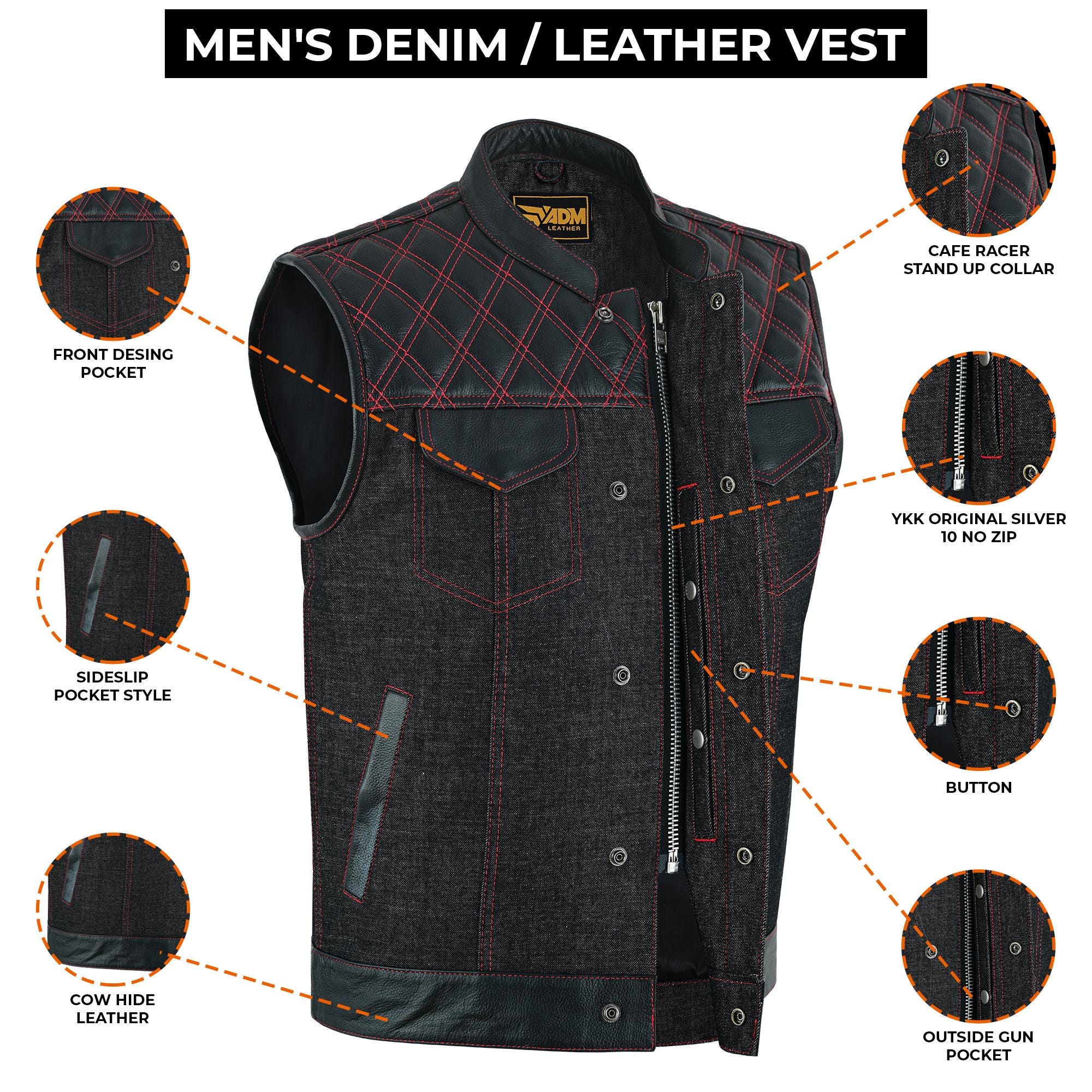 Black Denim Vest Men Biker Leather Trim Red Stitching Motorcycle Sleeveless Fitted Trucker Top