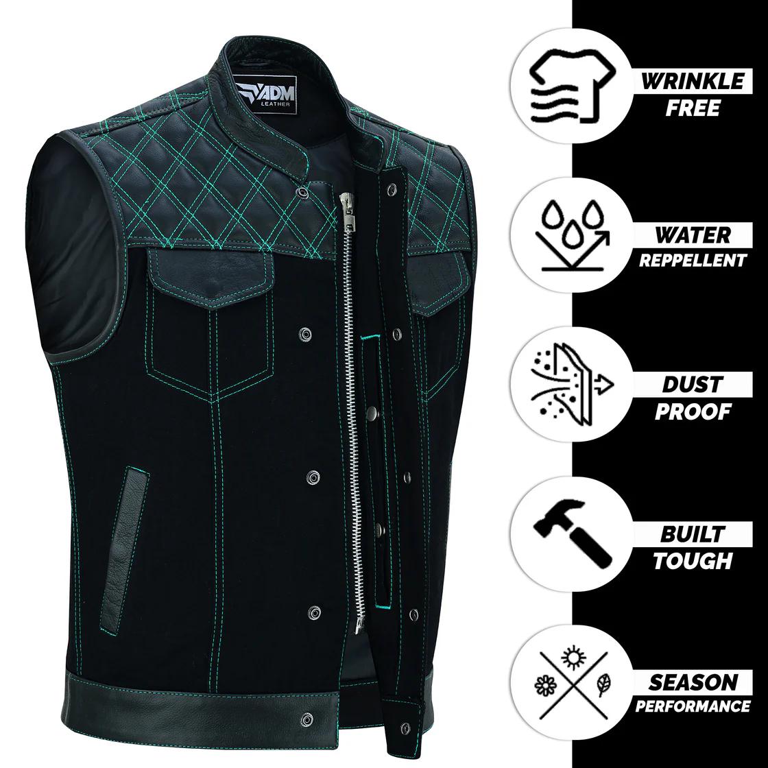 Denim Leather Vest Men Diamond Quilted Shoulders Concealed Carry Fitted Biker Trucker Sleeveless