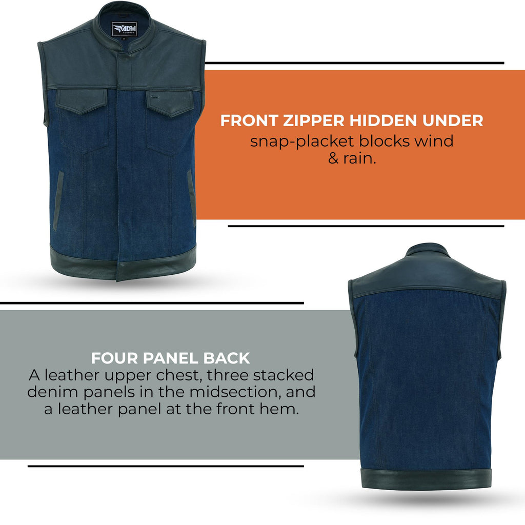 Denim Leather Vest Men SOA Motorcycle Biker Club Style Concealed Carry Riding Sleeveless Jacket
