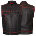 Handmade Cowhide Leather Biker Vest: Red Stitch, Concealed Carry