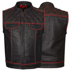 Handmade Cowhide Leather Biker Vest: Red Stitch, Concealed Carry
