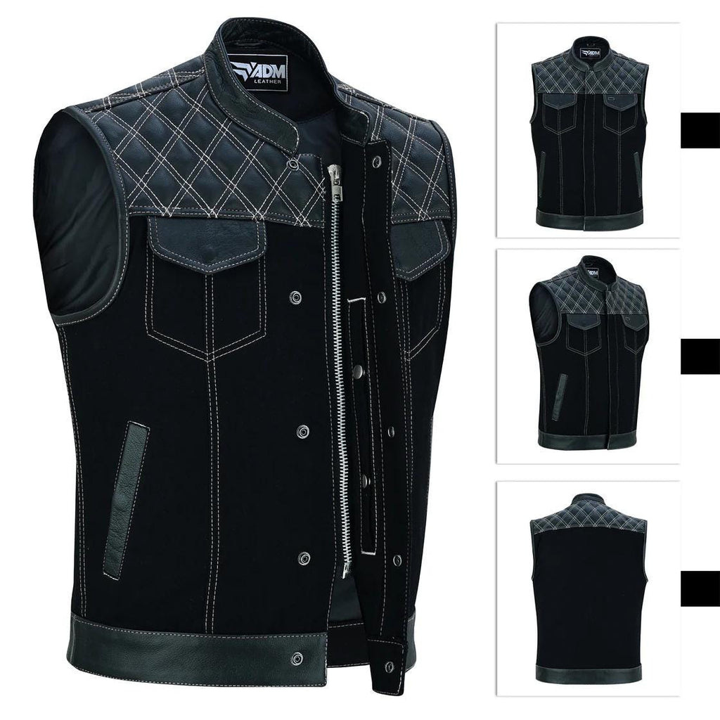 Denim Leather Vest Men Diamond Quilted Concealed Carry Fitted Biker Trucker Sleeveless Jacket