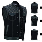 Denim Leather Vest Men Diamond Quilted Concealed Carry Fitted Biker Trucker Sleeveless Jacket