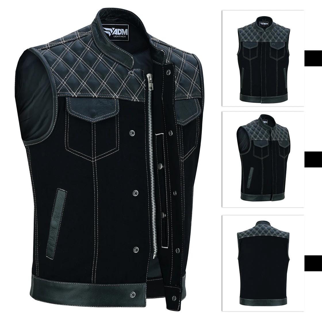 Denim Leather Vest Men Diamond Quilted Concealed Carry Fitted Biker Trucker Sleeveless Jacket