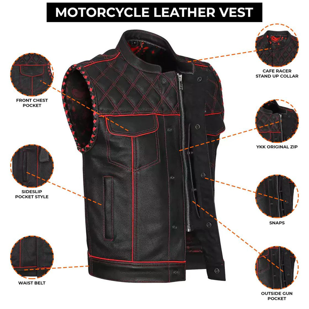 Handmade Cowhide Leather Biker Vest: Red Stitch, Concealed Carry