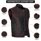 Handmade Cowhide Leather Biker Vest: Red Stitch, Concealed Carry
