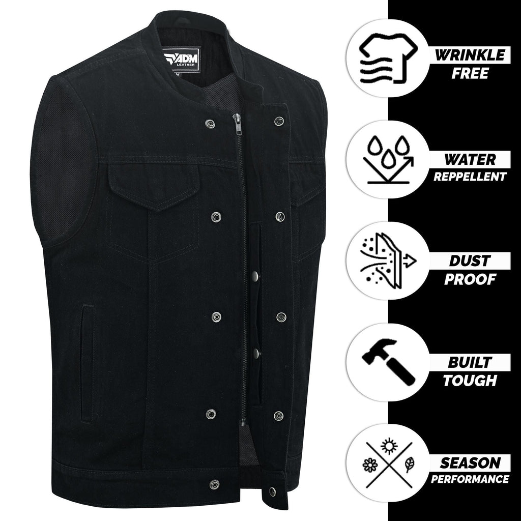 Mens Black Denim Vest Heavyweight Biker Gothic Rocker Sleeveless Jean Jacket Cutoff Punk Style