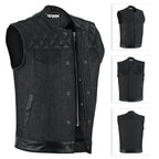 Denim Leather Vest Men SOA Style Quilted Shoulders Concealed Carry Fitted Biker Trucker Sleeveless