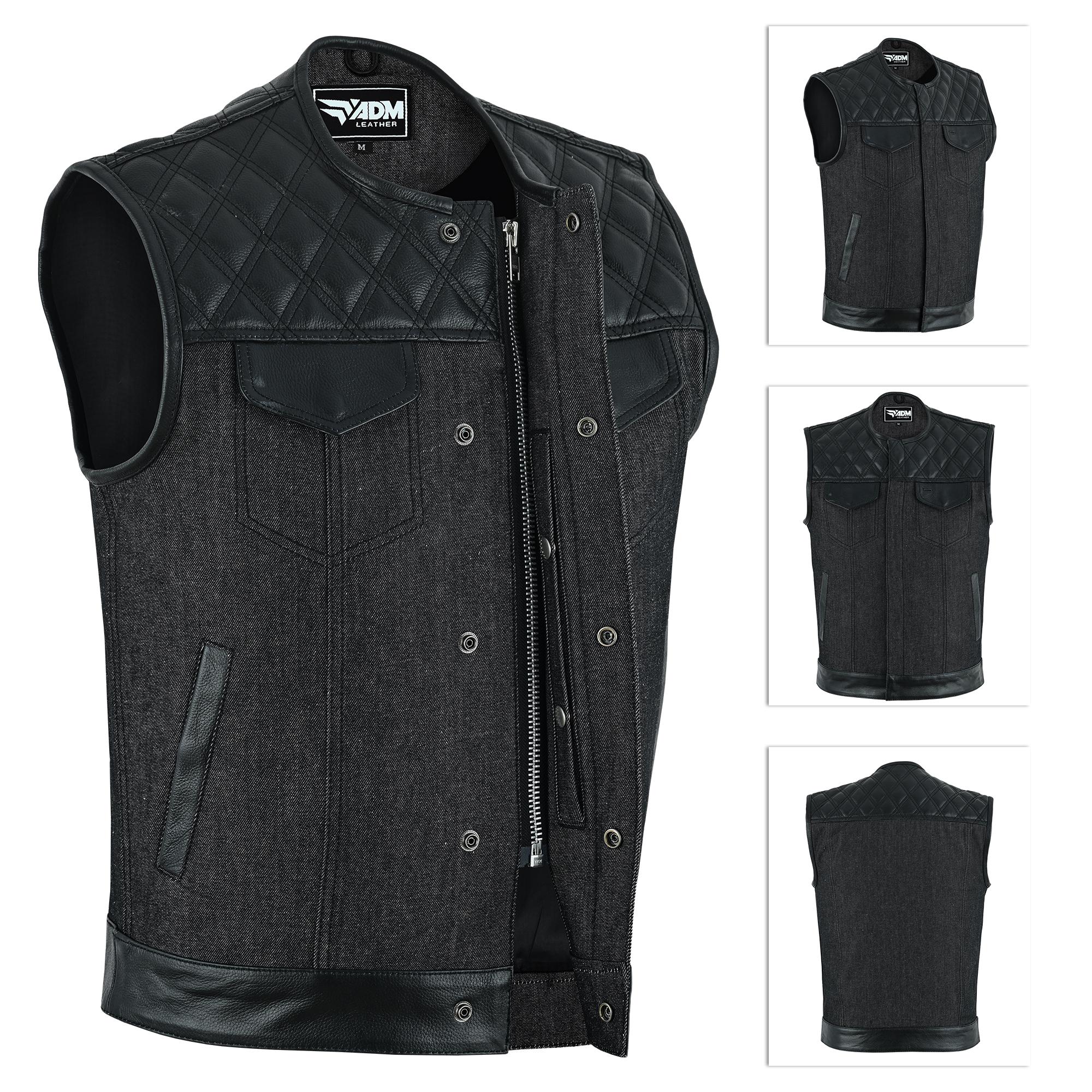Denim Leather Vest Men SOA Style Quilted Shoulders Concealed Carry Fitted Biker Trucker Sleeveless