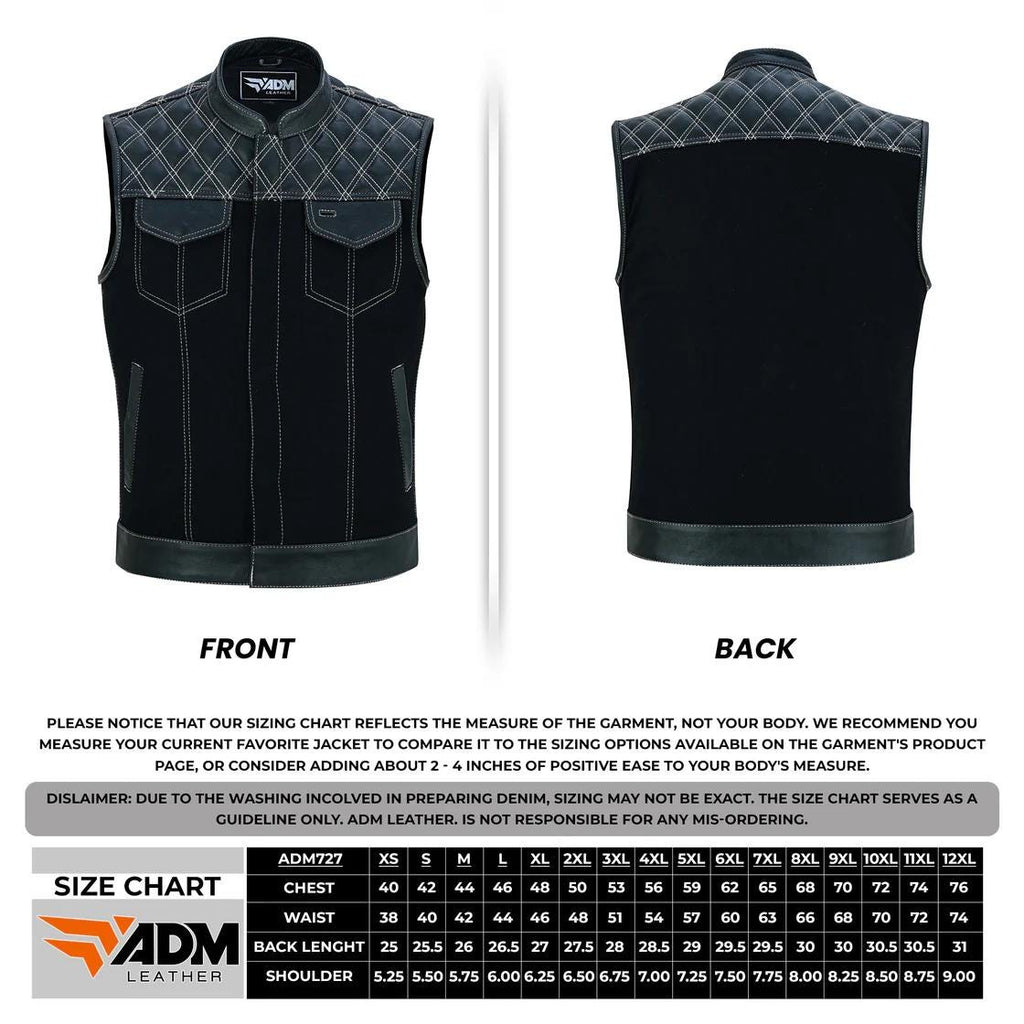 Denim Leather Vest Men Diamond Quilted Concealed Carry Fitted Biker Trucker Sleeveless Jacket