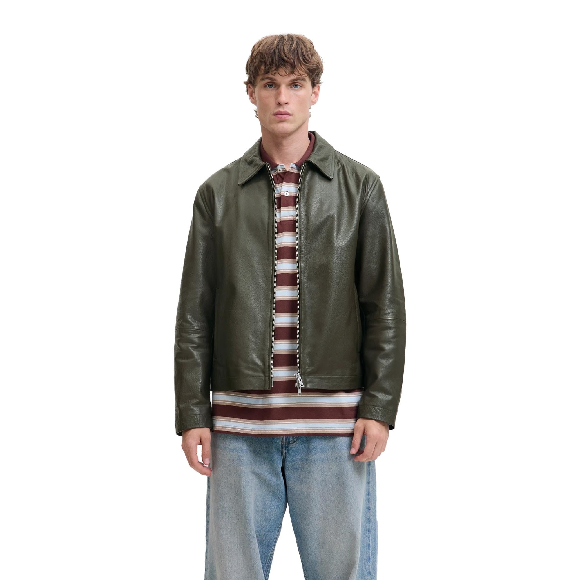 ADM Leather Jacket Men Trucker Style Biker Stand Collar Premium Pastel Green Color Branded Jacket