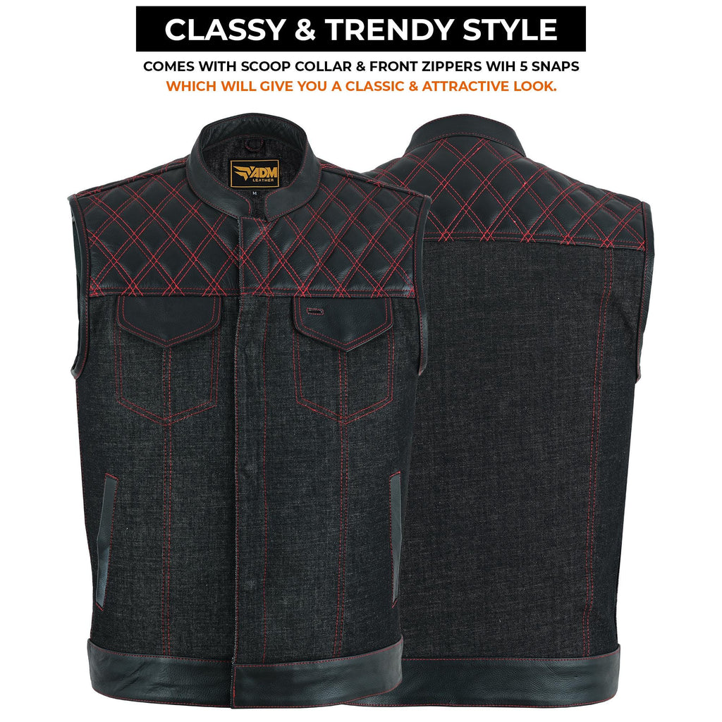 Black Denim Vest Men Biker Leather Trim Red Stitching Motorcycle Sleeveless Fitted Trucker Top