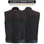 Black Denim Vest Men Biker Leather Trim Red Stitching Motorcycle Sleeveless Fitted Trucker Top