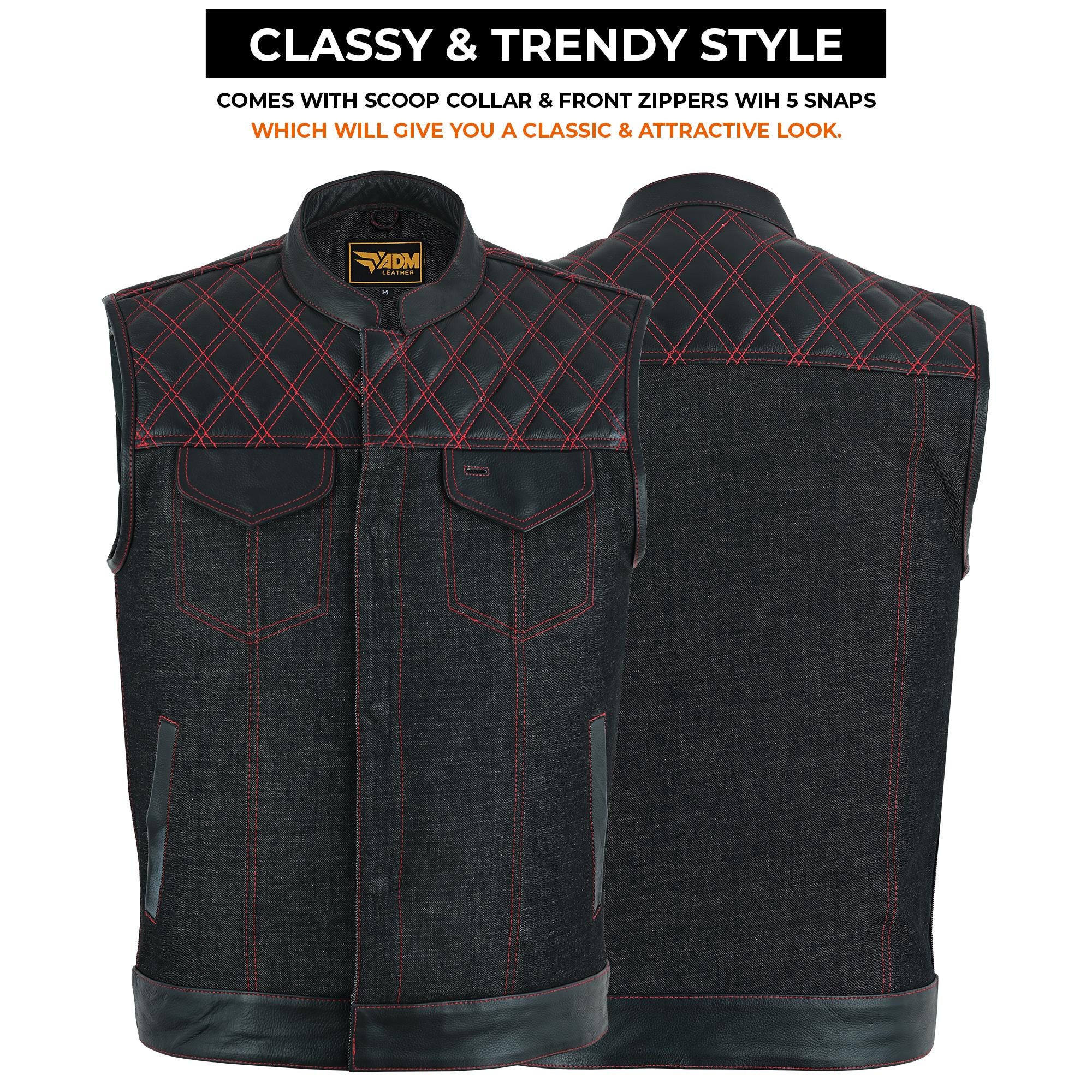 Black Denim Vest Men Biker Leather Trim Red Stitching Motorcycle Sleeveless Fitted Trucker Top