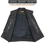 Black Denim Vest Men Biker Leather Trim Red Stitching Motorcycle Sleeveless Fitted Trucker Top