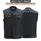 Mens Denim & Leather Motorcycle Vest Embroidered Biker Style Concealed Carry Club Sleeveless Top