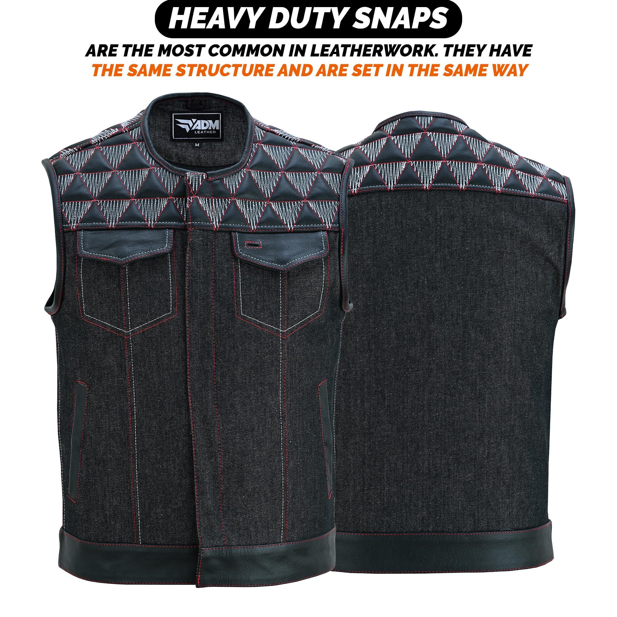 Mens Denim & Leather Motorcycle Vest Embroidered Biker Style Concealed Carry Club Sleeveless Top