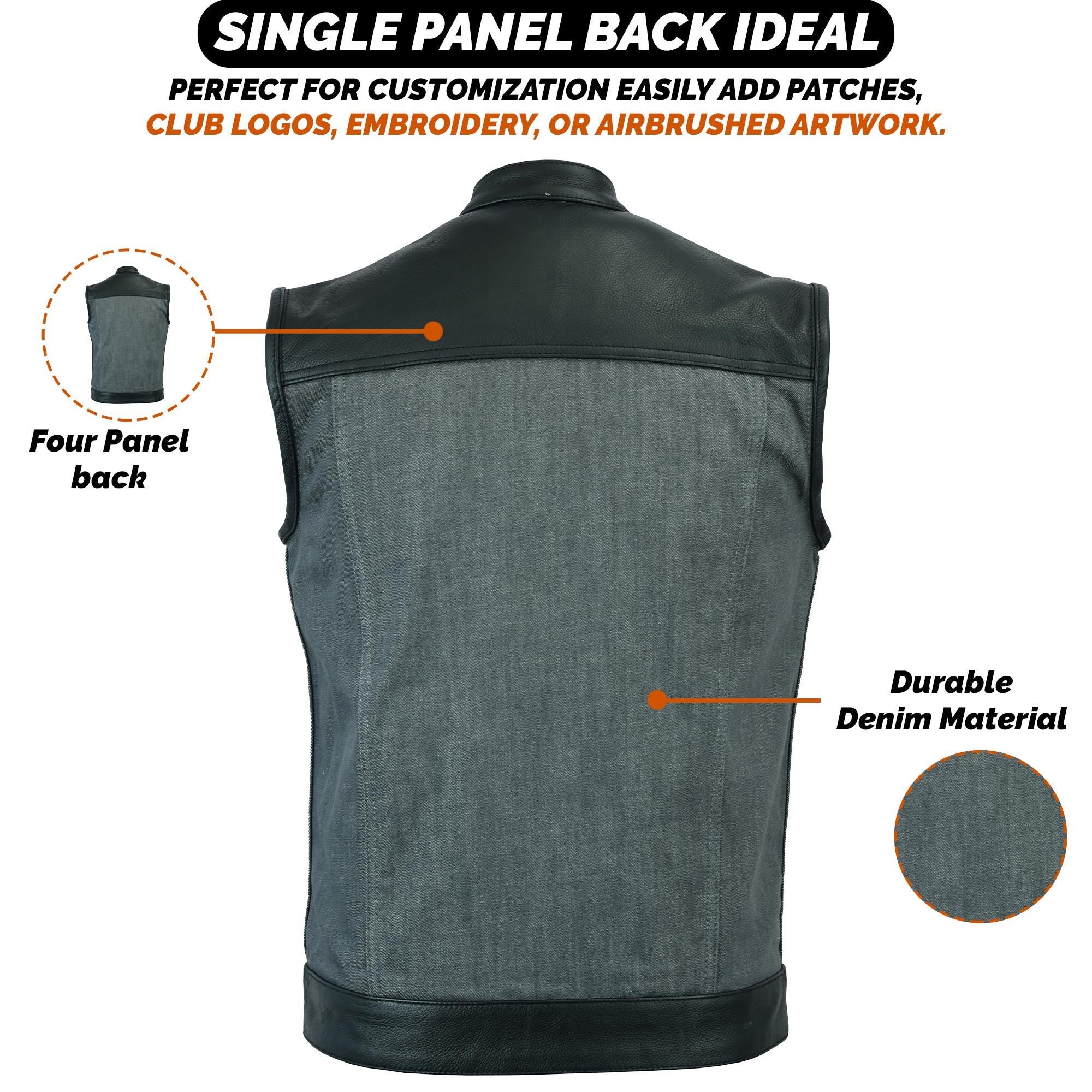Mens Biker Vest Grey Denim Black Leather SOA Motorcycle Concealed Carry Gun Pocket Sleeveless