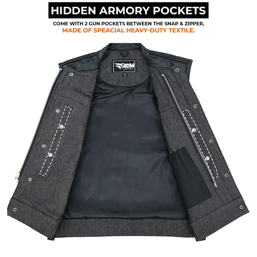 Black Denim Vest Men Biker Motorcycle Club Cutoff Concealed Carry Pockets Sleeveless Jacket