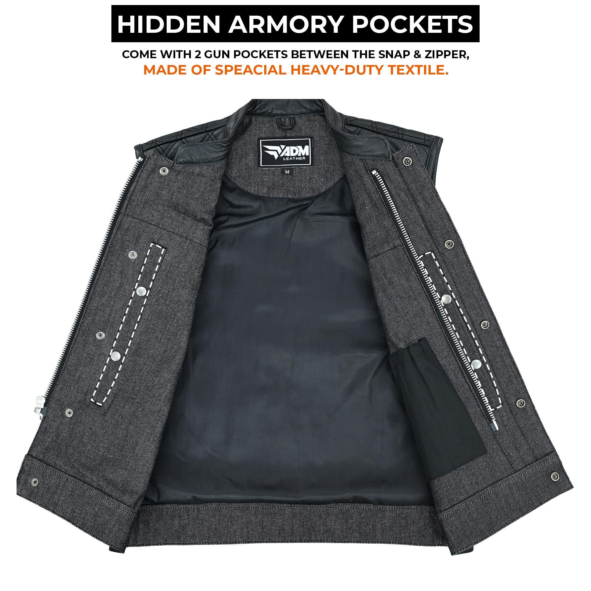Black Denim Vest Men Biker Motorcycle Club Cutoff Concealed Carry Pockets Sleeveless Jacket