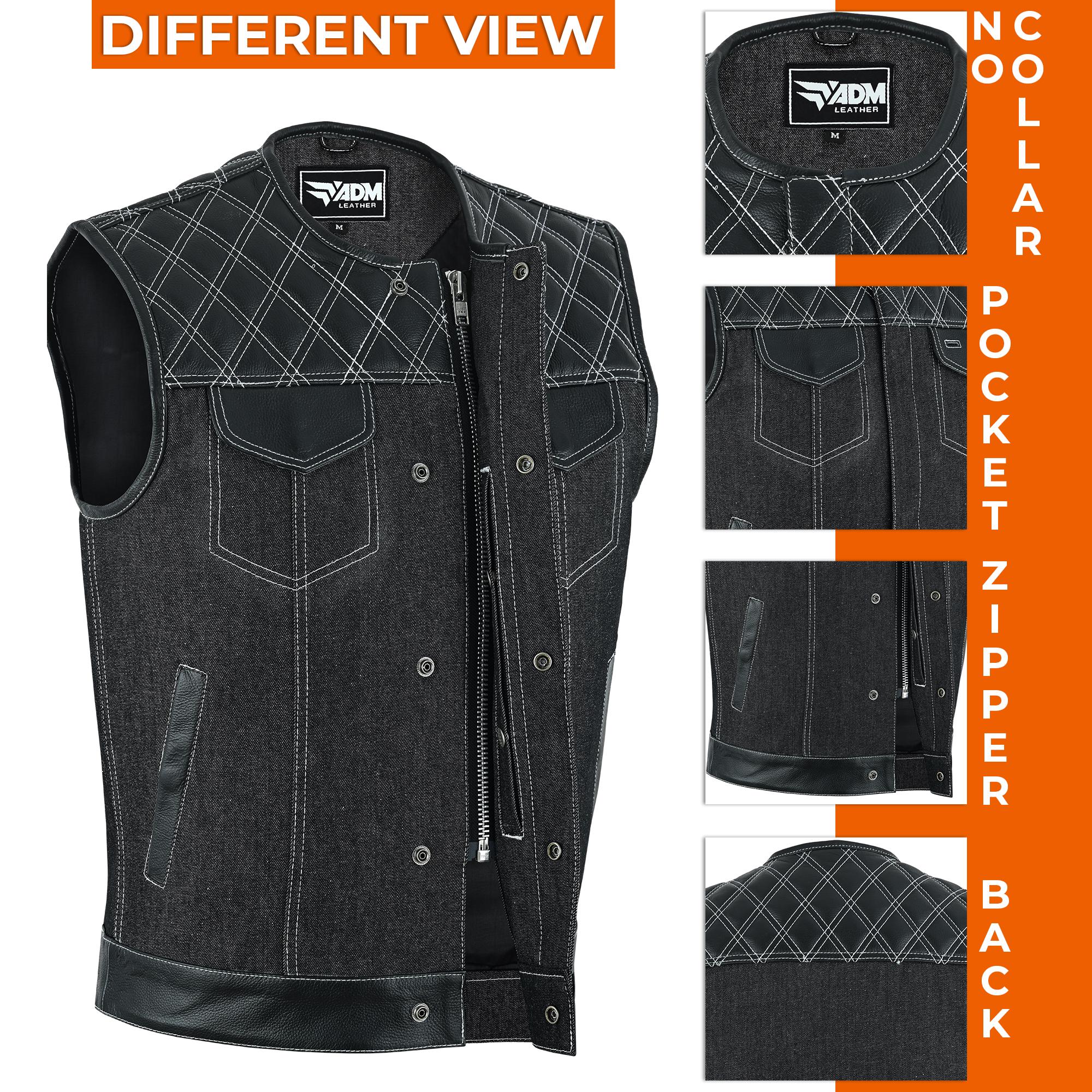 Mens Denim Biker Vest Sleeveless Motorcycle Club Concealed Pockets Trucker Style Fitted Cutoff