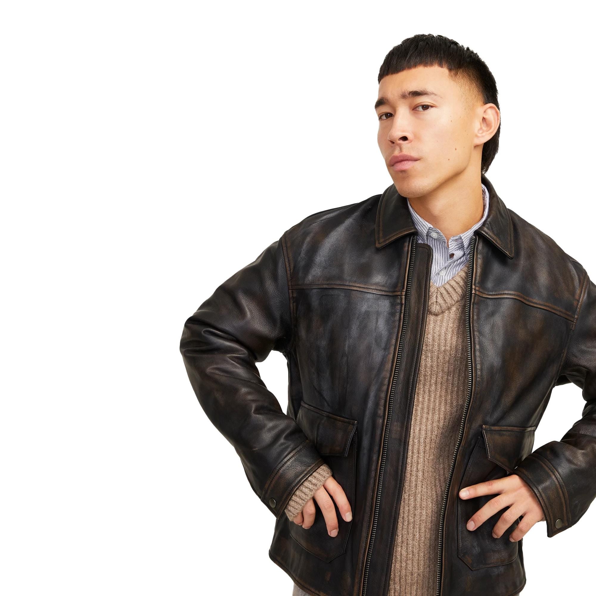 Distressed Brown Leather Jacket For Men Aviator Style Biker Western Cowboy Leather Coat