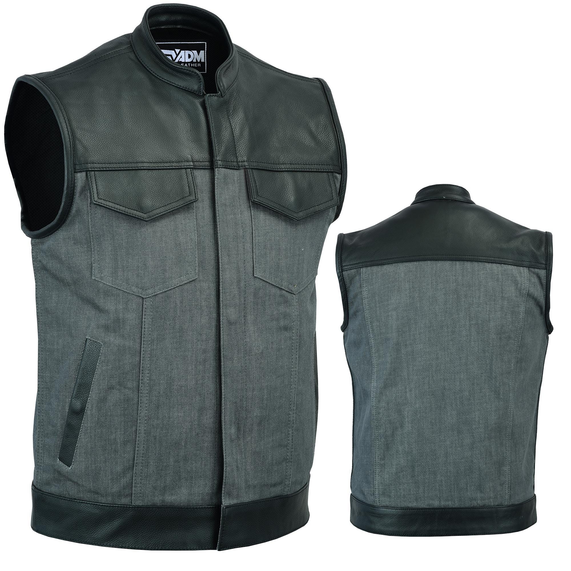 Mens Biker Vest Grey Denim Black Leather SOA Motorcycle Concealed Carry Gun Pocket Sleeveless