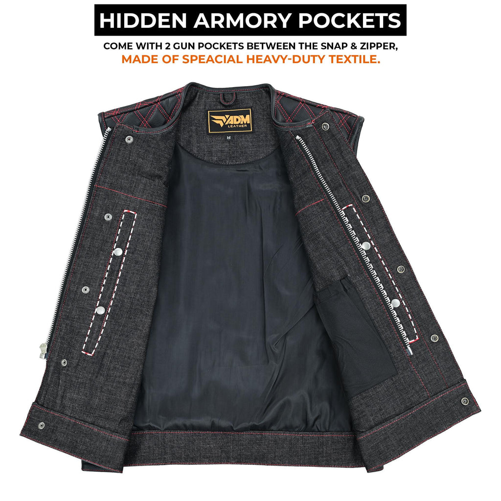 Denim Leather Vest Men SOA Style Quilted Shoulders Concealed Carry Fitted Biker Trucker Sleeveless
