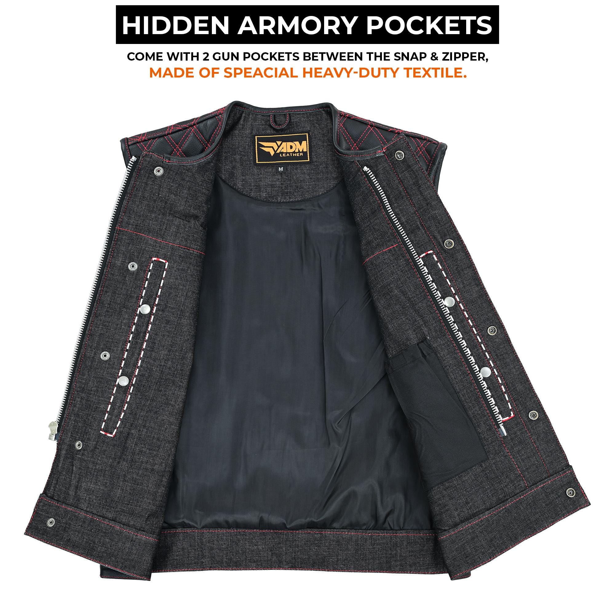 Denim Leather Vest Men SOA Style Quilted Shoulders Concealed Carry Fitted Biker Trucker Sleeveless