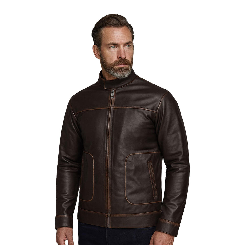 Men's Distressed Brown Leather Jacket Cafe Racer Moto Jacket Casual Coat Vintage Look Outerwear