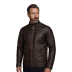 Men's Distressed Brown Leather Jacket Cafe Racer Moto Jacket Casual Coat Vintage Look Outerwear
