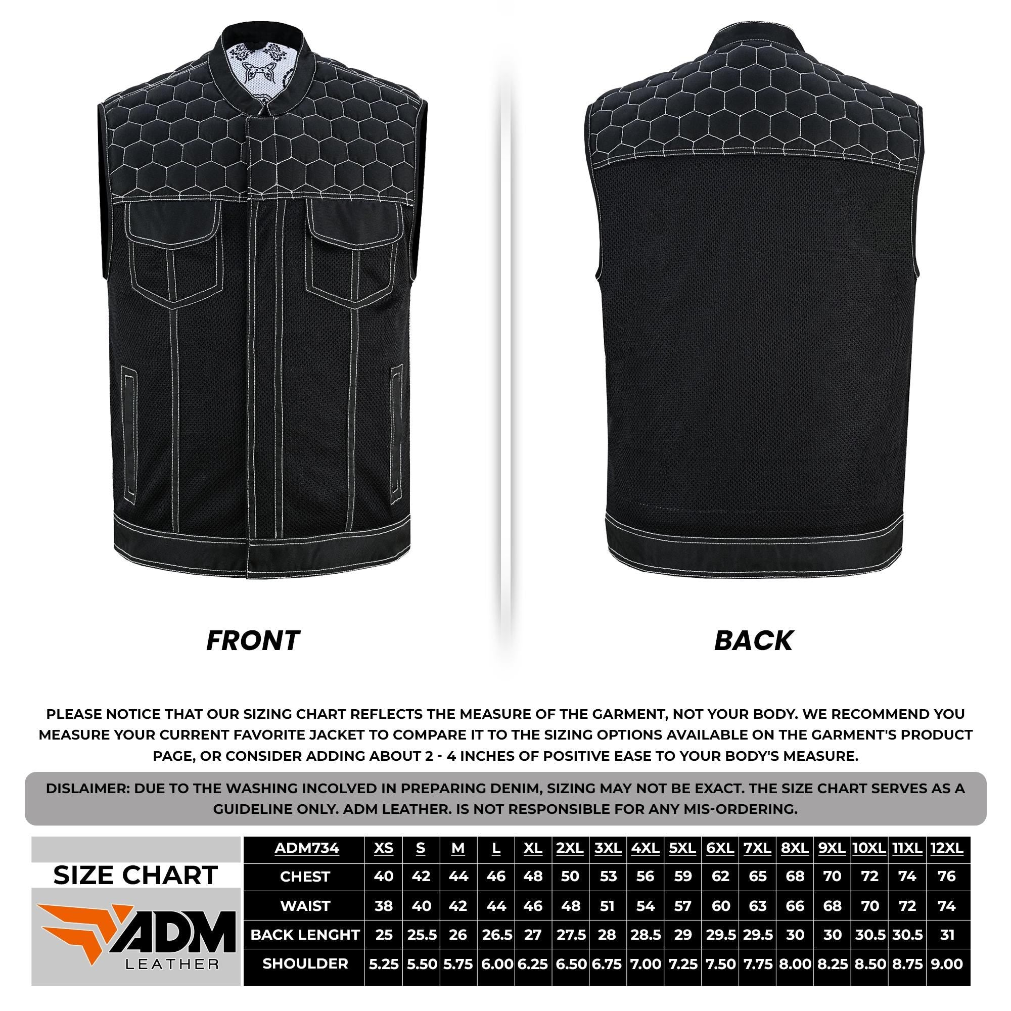 Men's Black Denim Biker Vest | Honeycomb Design, Concealed Pockets