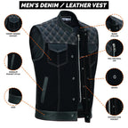 Denim Leather Vest Men Diamond Quilted Concealed Carry Fitted Biker Trucker Sleeveless Jacket