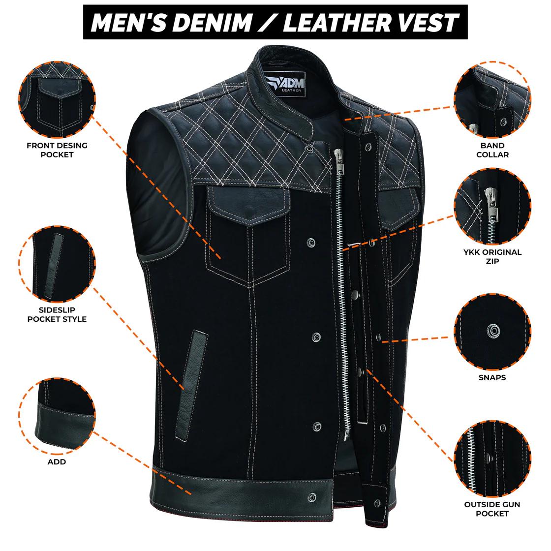 Denim Leather Vest Men Diamond Quilted Concealed Carry Fitted Biker Trucker Sleeveless Jacket