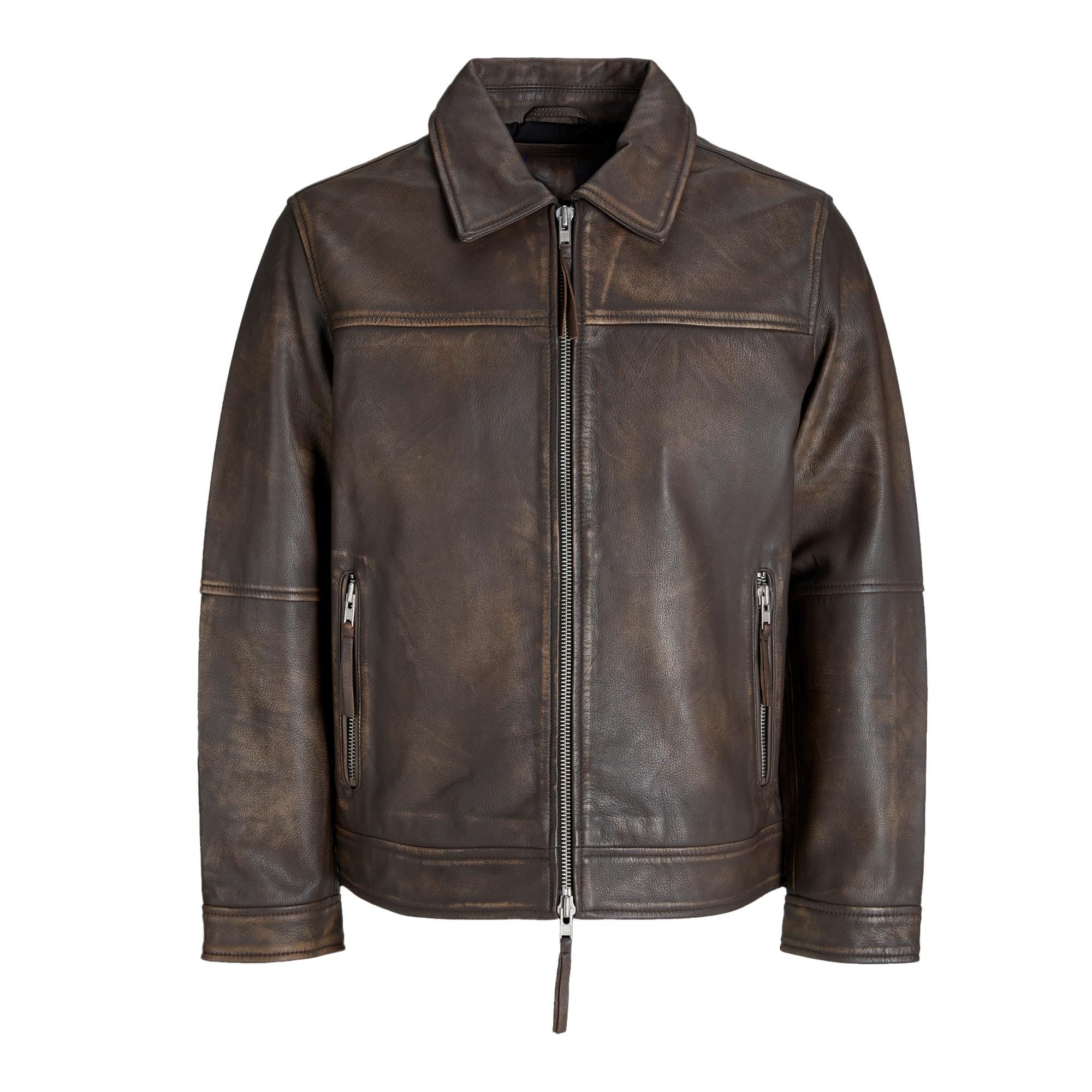 Leather Jacket Men Distressed Brown Vintage Biker Style Jackets For Men Stand Collar Motorcycle Coat