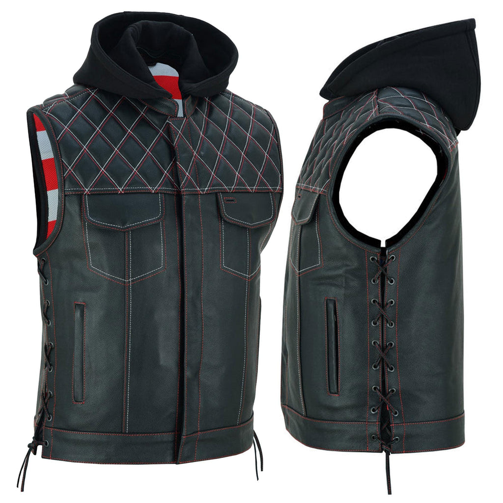 Men's Cowhide Leather Motorcycle Vest with Hood: Concealed Carry Biker Style