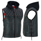 Men's Cowhide Leather Motorcycle Vest with Hood: Concealed Carry Biker Style