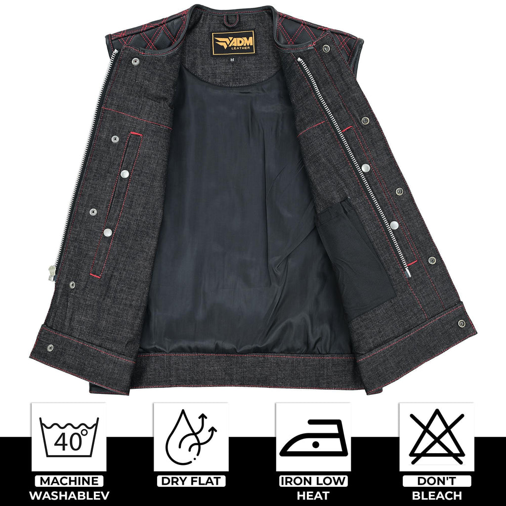 Denim Leather Vest Men SOA Style Quilted Shoulders Concealed Carry Fitted Biker Trucker Sleeveless