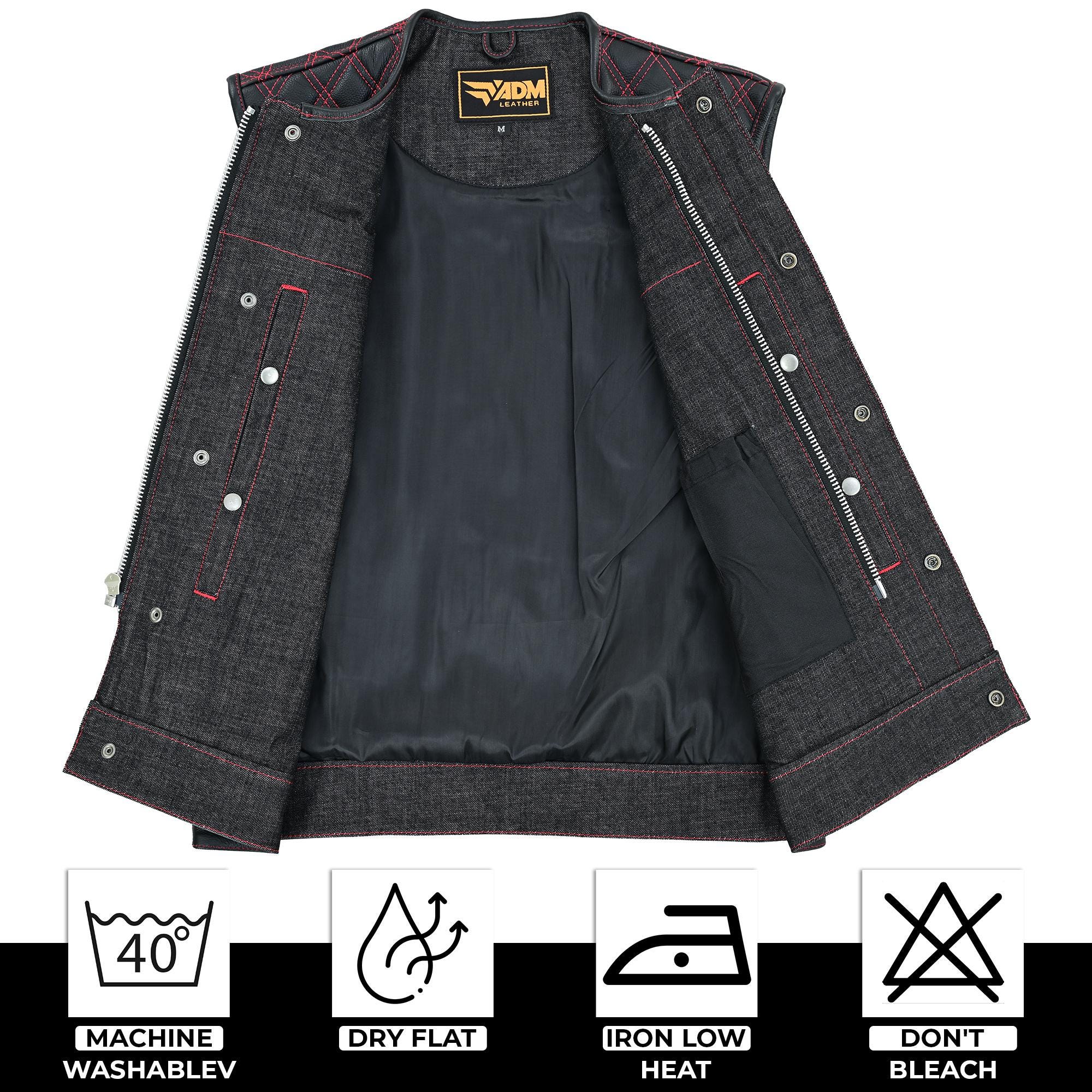Denim Leather Vest Men SOA Style Quilted Shoulders Concealed Carry Fitted Biker Trucker Sleeveless