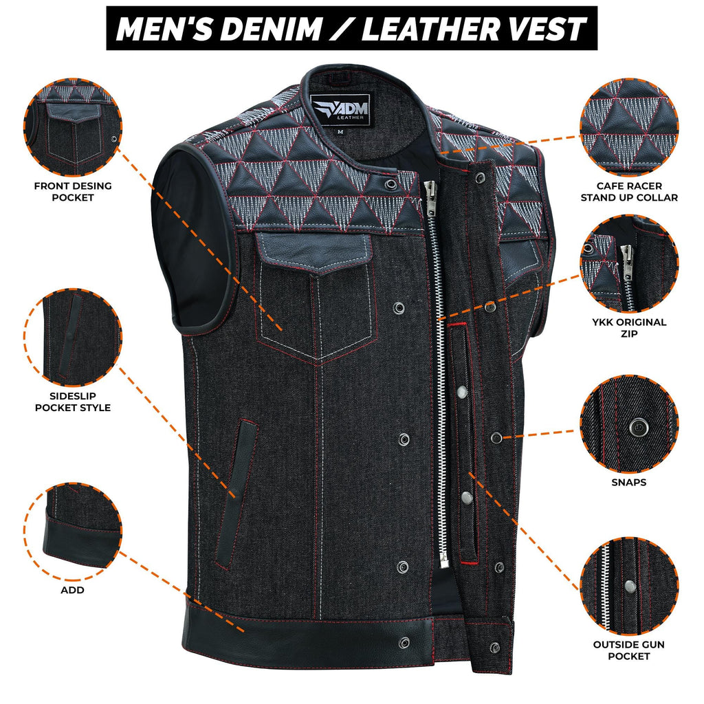 Mens Denim & Leather Motorcycle Vest Embroidered Biker Style Concealed Carry Club Sleeveless Top