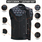 Mens Denim & Leather Motorcycle Vest Embroidered Biker Style Concealed Carry Club Sleeveless Top
